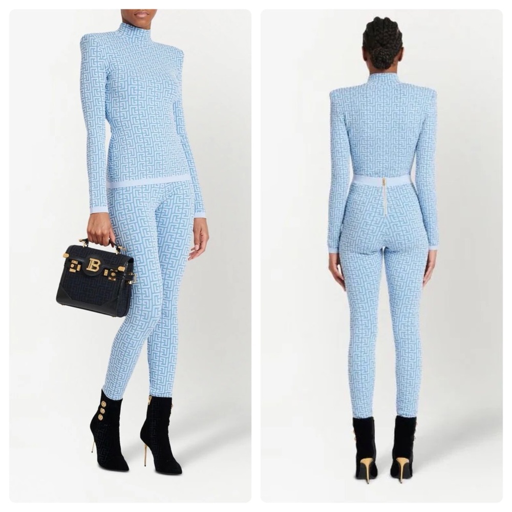 BALMAIN Paris Monogram Knit Pattern Blue Top & Leggings Set 40FR